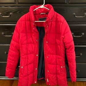 Women’s down winter jacket red. Side pockets by Tommy Hilfiger.